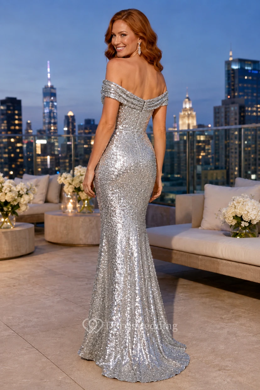 Silver Sequin Off-the-Shoulder Mermaid Dress view 2