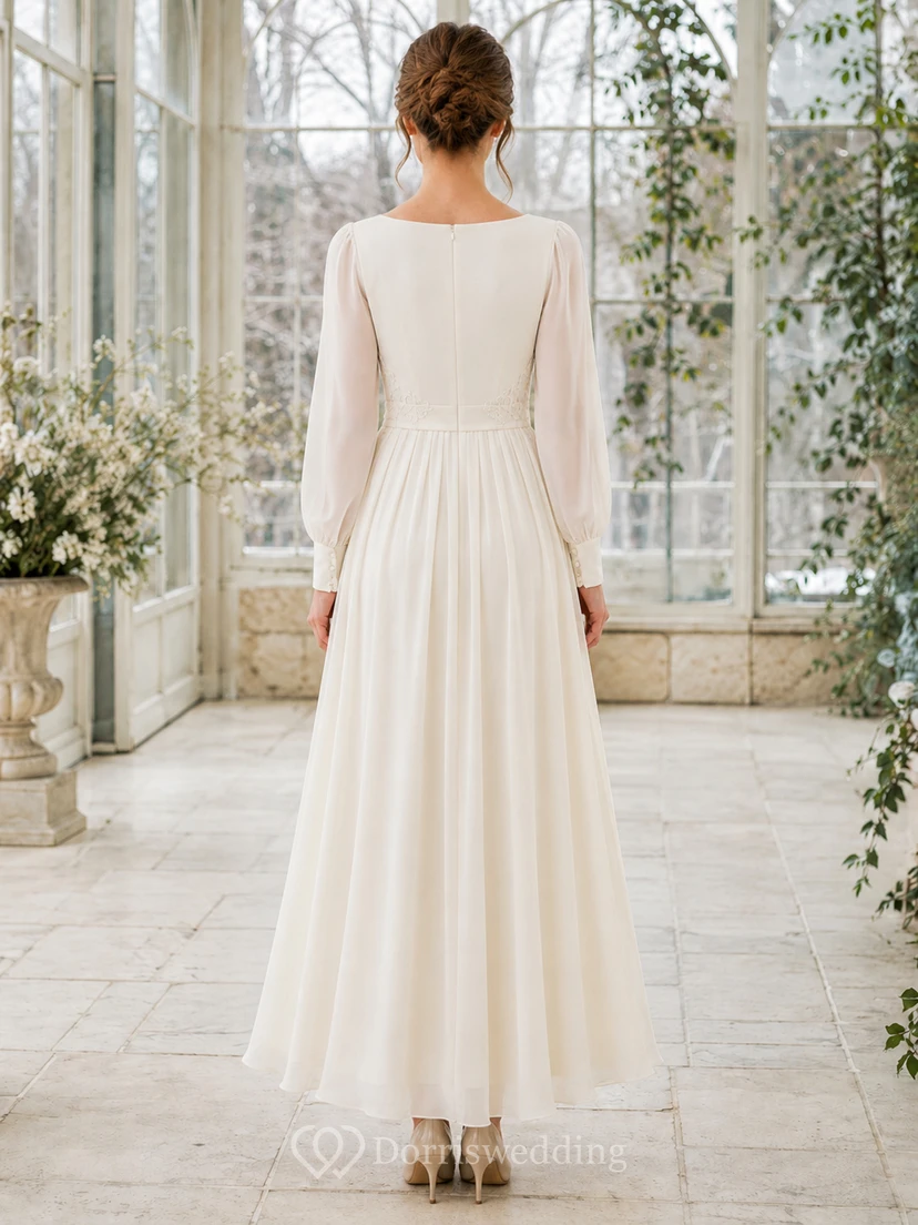 Modest Civil Chiffon A Line Bateau Long Poet Sleeve Ankle Wedding Dress view 2