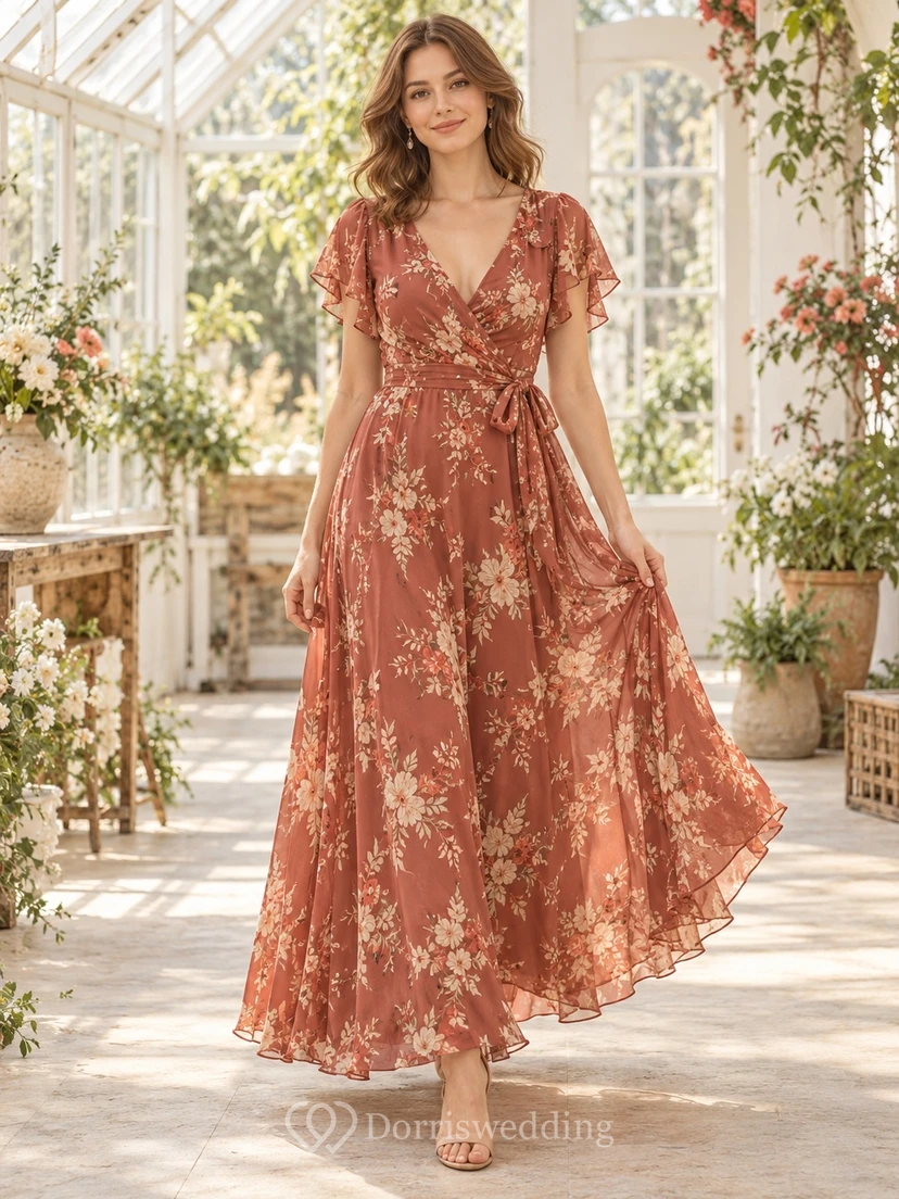Boho Vermilion Floral V-neck Flutter Sleeve Chiffon Ankle Length Bridesmaid Dress