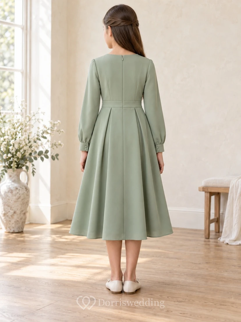 Simple Modest Long Sleeve Tea-length Sage Jewel Darted Button-Cuff Pleated Crepe A-Line Flowergirl Dress view 2