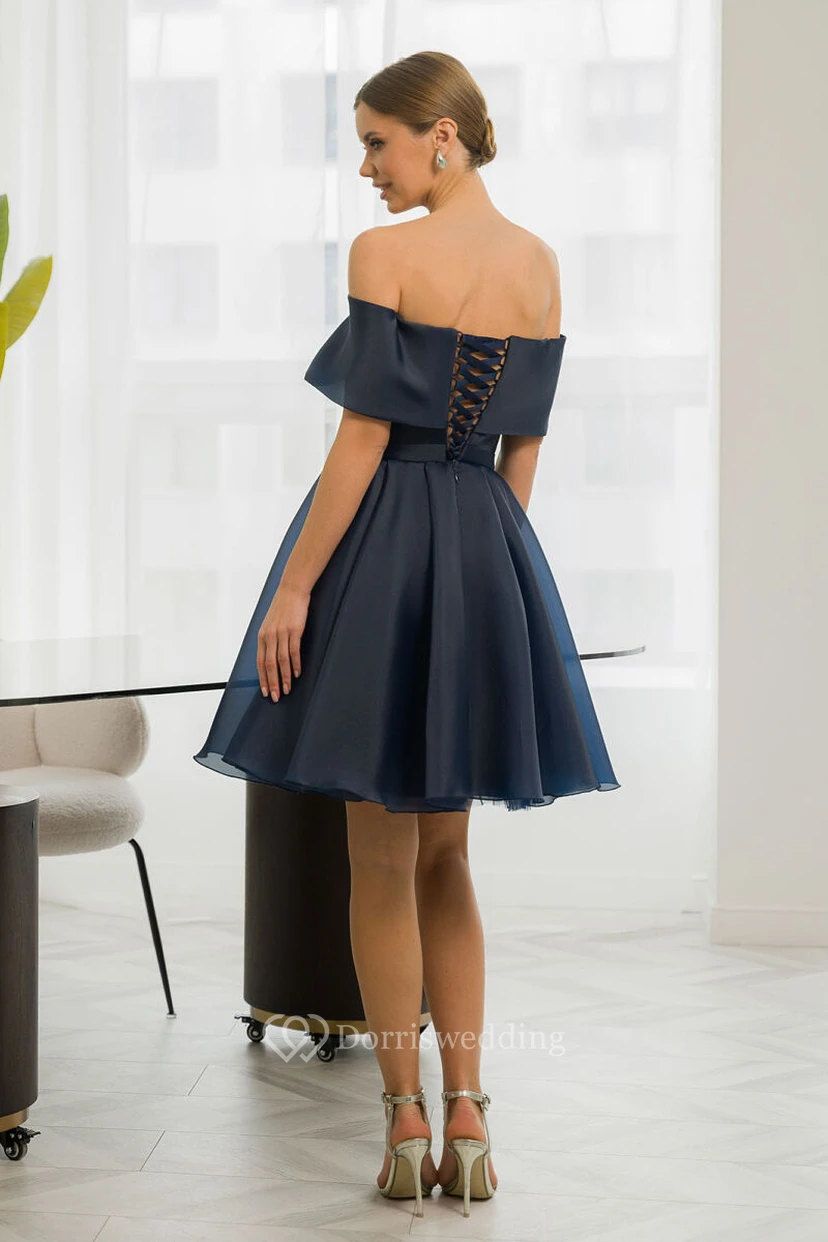Dark Navy Criss-cross Short A-line Satin Mini Dress view 2