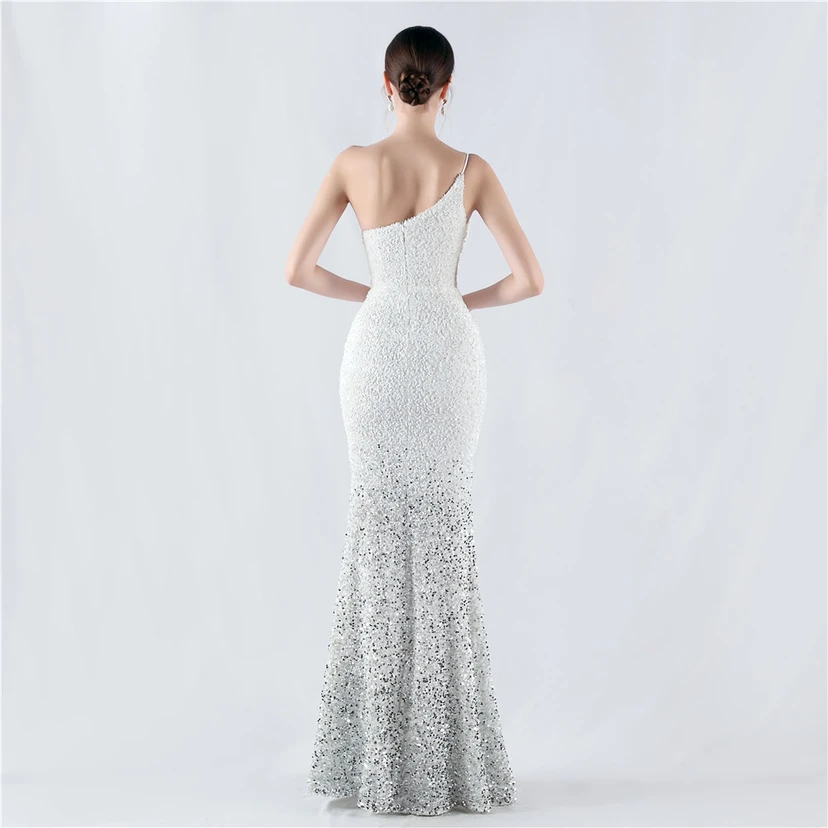 Sexy Abendkleid mit Samtsaum, Farbverlauf, Pailletten, hohem Schlitz und schräger Schulterpartie view 6