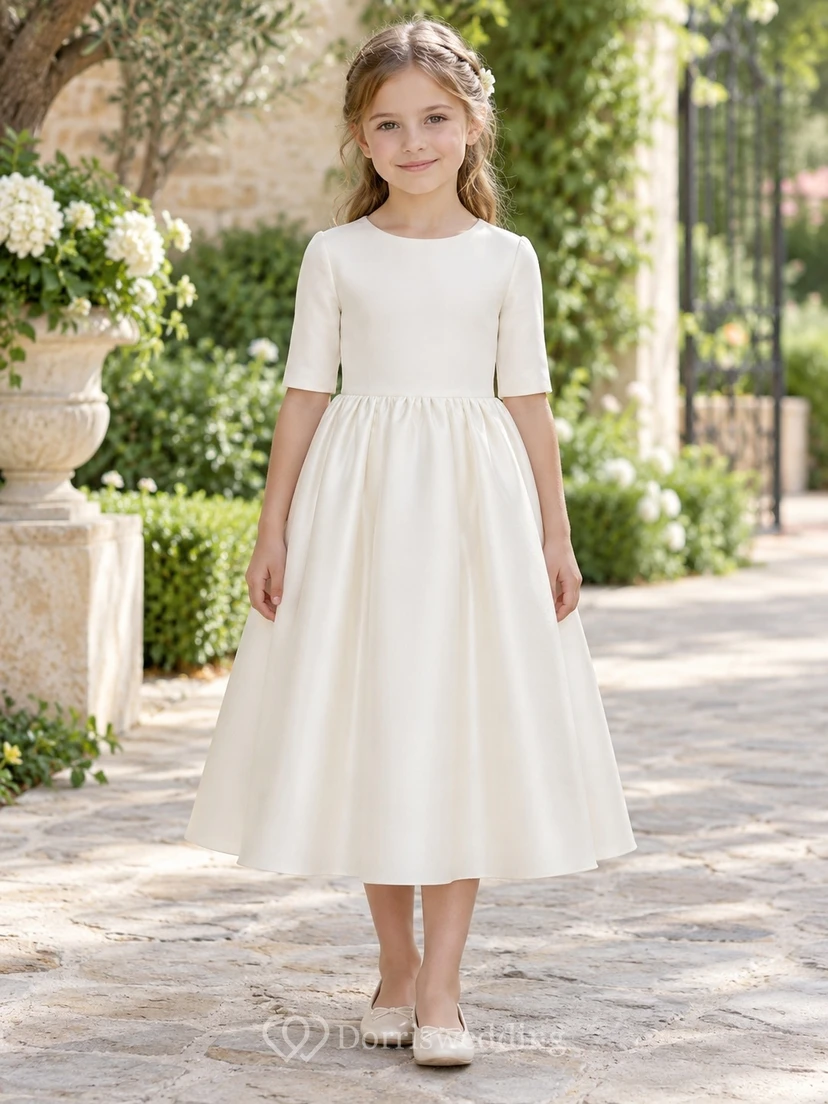 Simple Modest Tea-length Ivory Jewel Half-sleeve Gathered Satin-skirt Button-back Flower Girl Dress