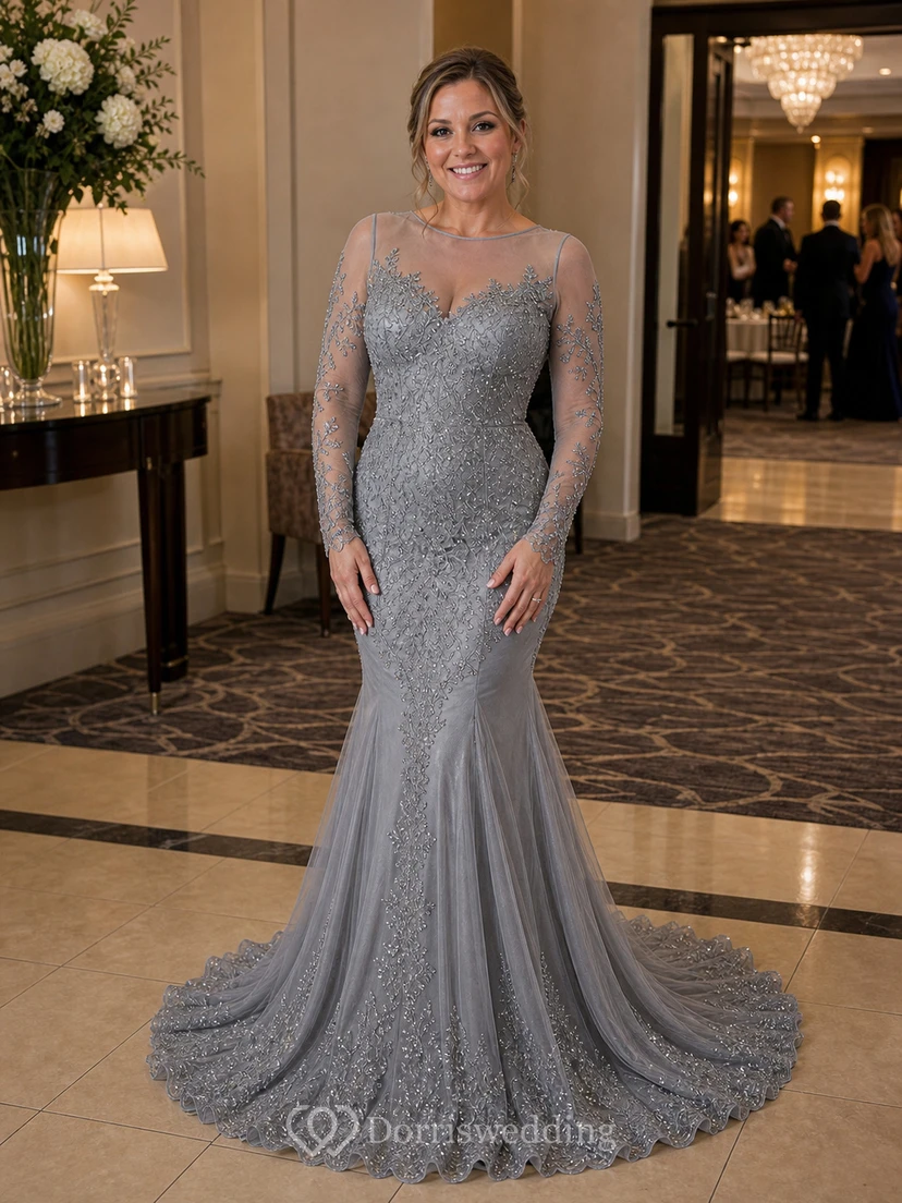 High Neck Mermaid Floor-length Sweep Brush Train Long Sleeve Lace Evening Dress with Zipper Back view 11