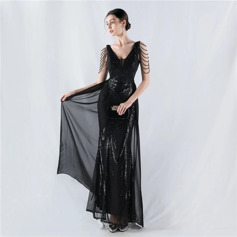 Paillettenbesetzte Blumen mit Cape-Stickerei, hochwertiges Abendkleid, ideal für die Ausrichtung der Jahrestagung view 15