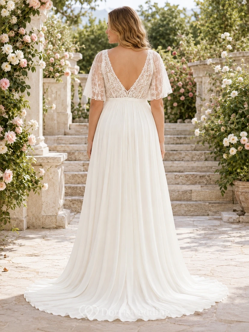 Vestido de novia de gasa con encaje y cuello en V, manga corta y corte en A para embarazadas view 2
