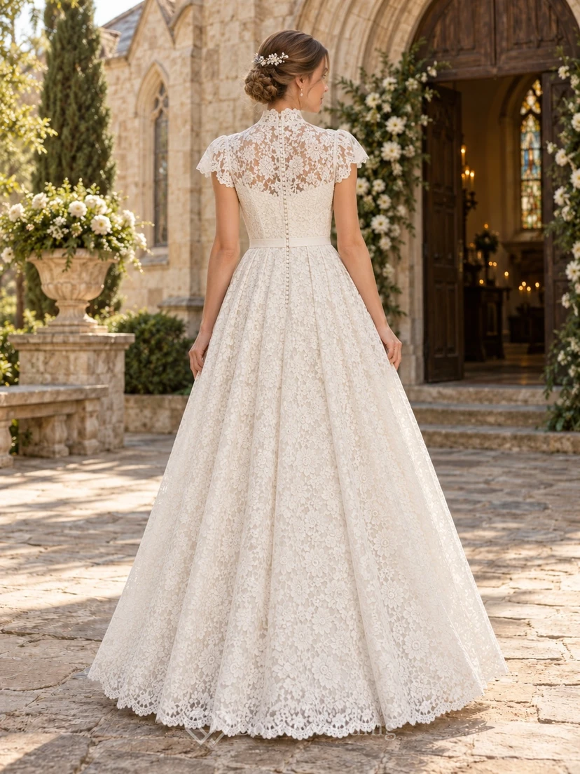 Vestido de novia de cuello alto, discreto, con encaje floral, mangas cortas, largo hasta los tobillos y falda acampanada con borde festoneado. view 2