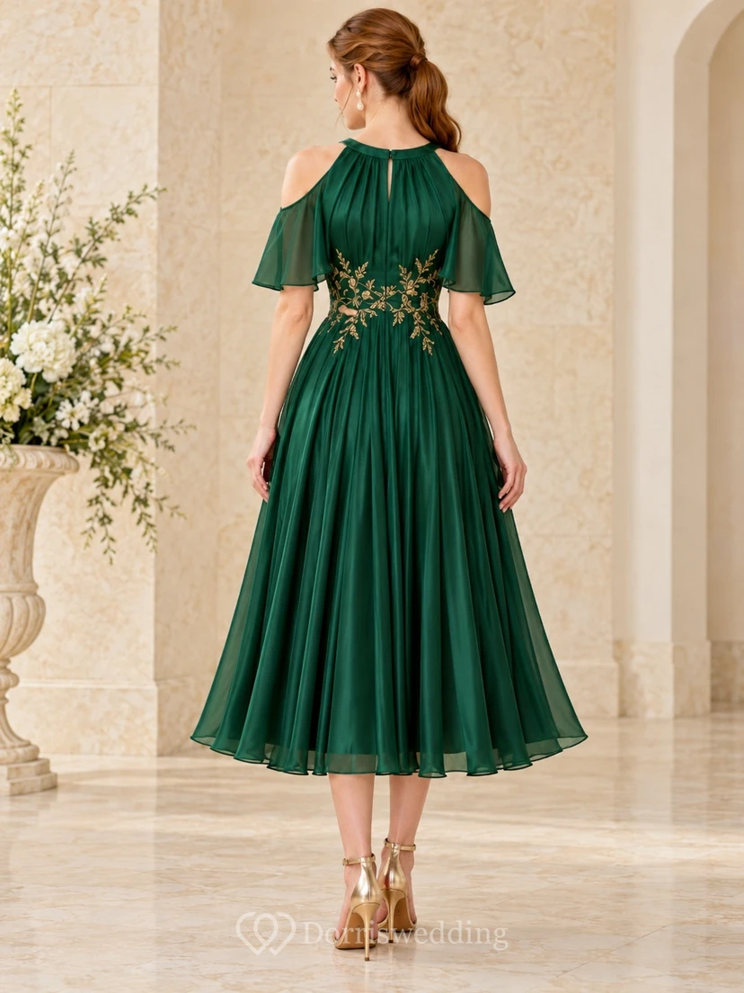 Tea-length Dark Green Cutaway Shoulder Gold Embroidered Pleated Formal Dress view 2