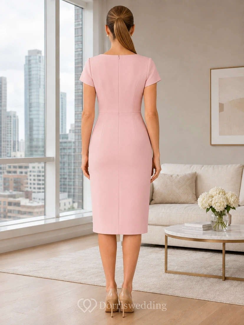 Simple Pink Short Sleeve Sheath Tea-length Jersey Cocktail Dress view 2