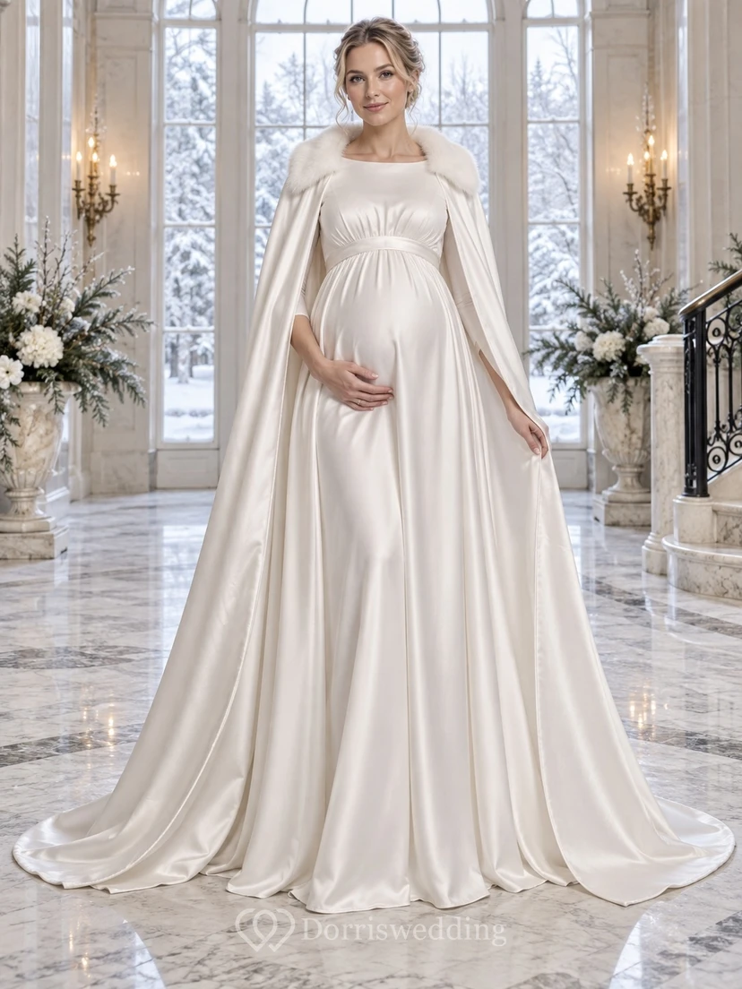 Vestido de novia sencillo de satén estilo barco con cuello de piel y falda tipo capa imperio para embarazadas
