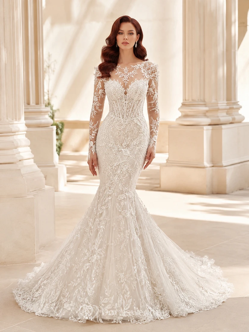 Robe de mariée sirène en dentelle florale à manches longues et col en V avec traîne chapelle