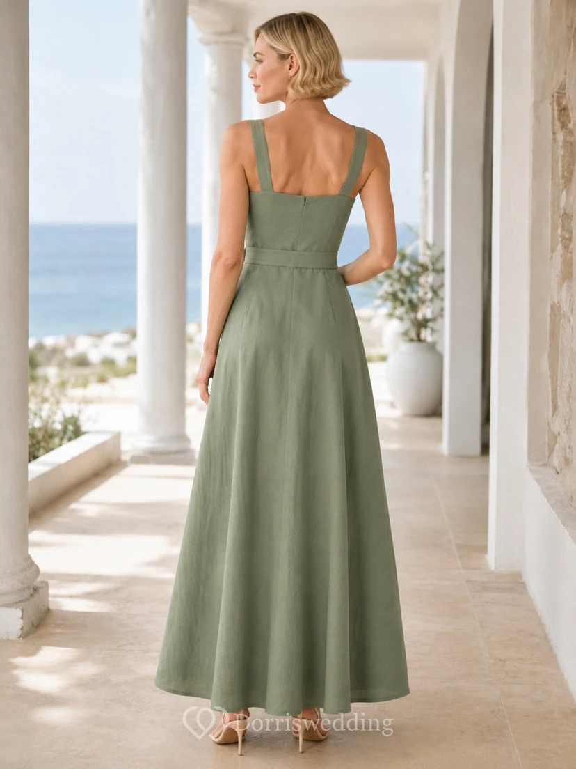 Celadon Square-Neck Strapped Satin Sashed Simple A-Line Wedding Guest Dress view 2