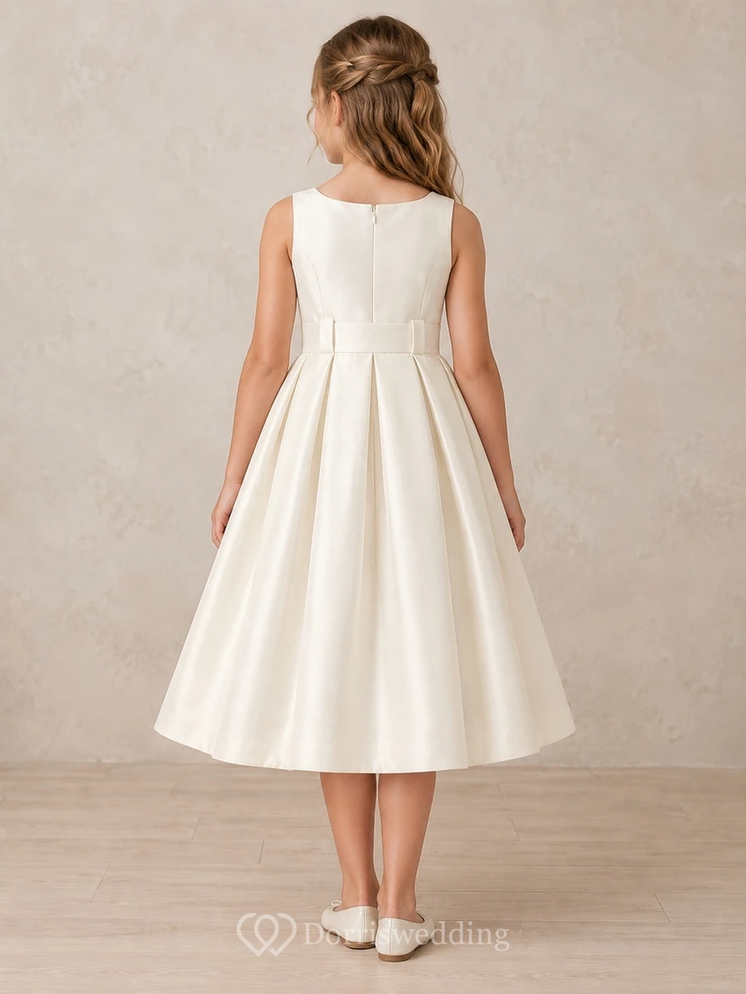 Einfaches, teelanges, elfenbeinfarbenes Satin-Blumenmädchenkleid mit weiten Falten