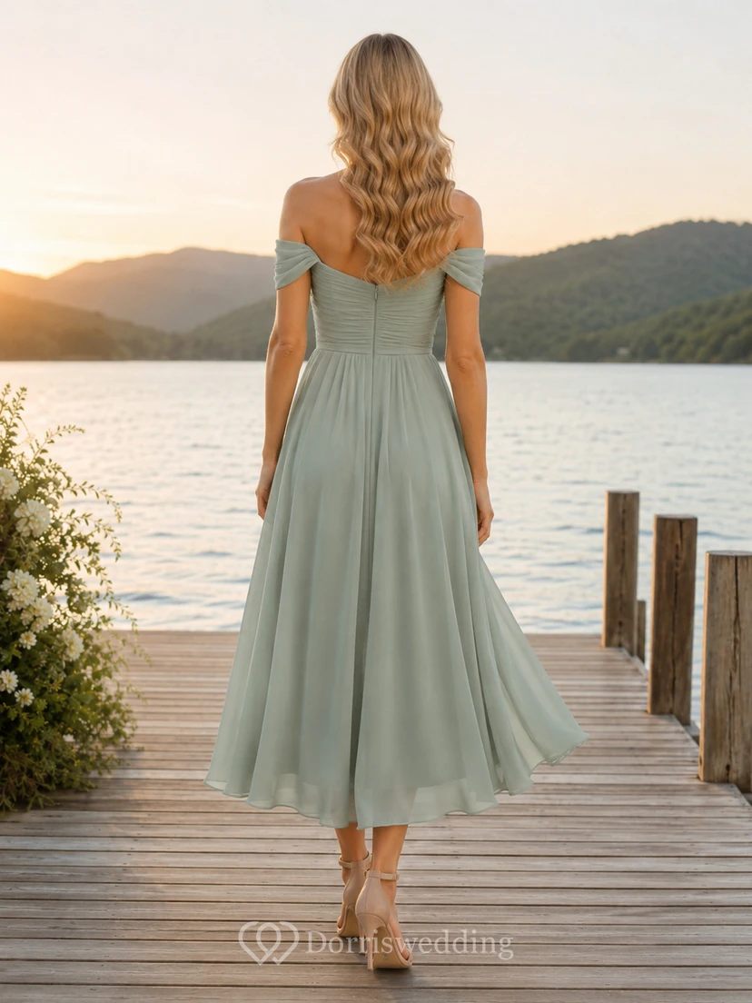 Lakeside Sage Off-Shoulder Tulle Chiffon A-Line Tea-Length Guest Dress view 2