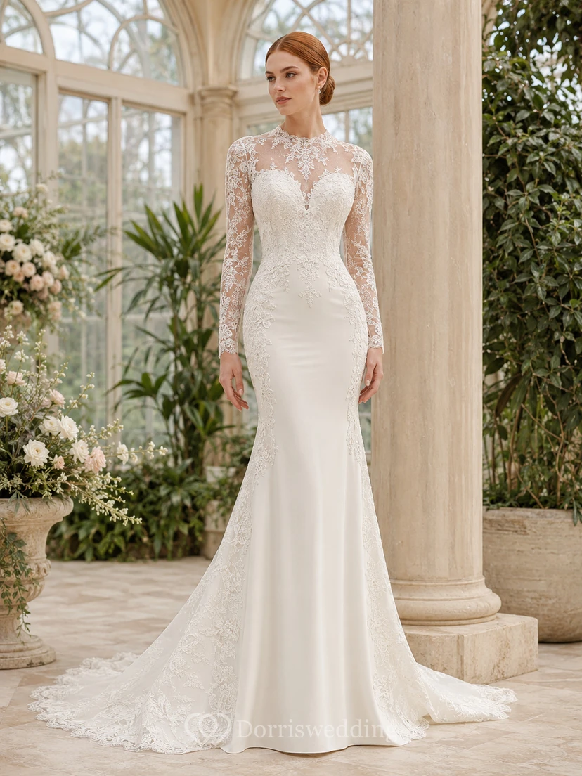 Robe de mariée modeste en dentelle et tulle, coupe sirène, col rond, manches longues et traîne chapelle.