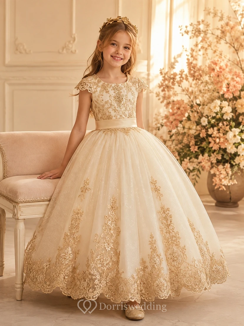 Cream Floral Tulle Cap Sleeve Flowergirl Ball Gown Dress