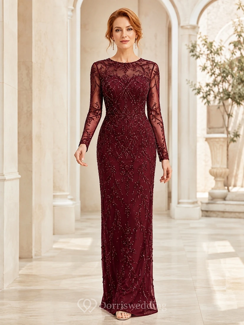 Burgundy Beaded Lace Jewel Neck Long Sleeve Sheath Floor Length Formal Evening Dress