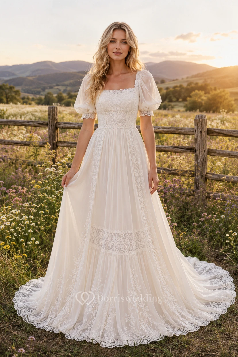 Boho-Hochzeitskleid in A-Linie mit Puffärmeln und Schleppe aus Spitze