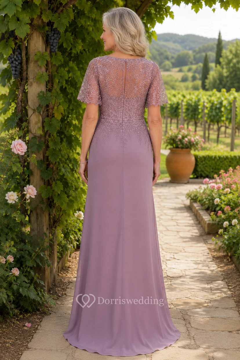 MOB Dress Mauve Chiffon Lace Sheath Short Sleeve Bateau Neck Floor Length view 2