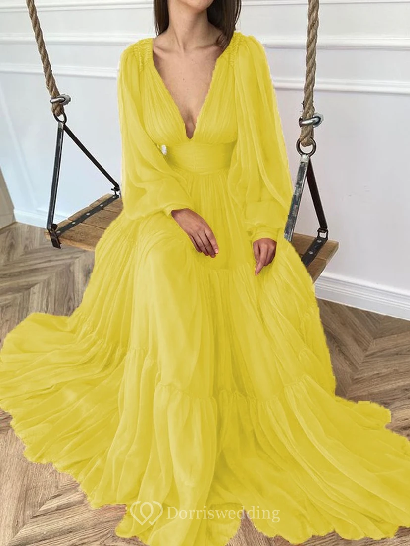Sexy V-neck Puff Long Sleeve Chiffon Layered Empire Dress view 20