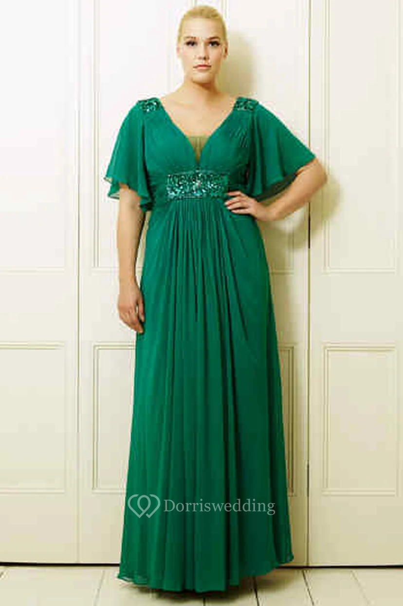 Maxi V-Neck Sleeveless Ruched Chiffon Plus Size Prom Dress With Broach view 3