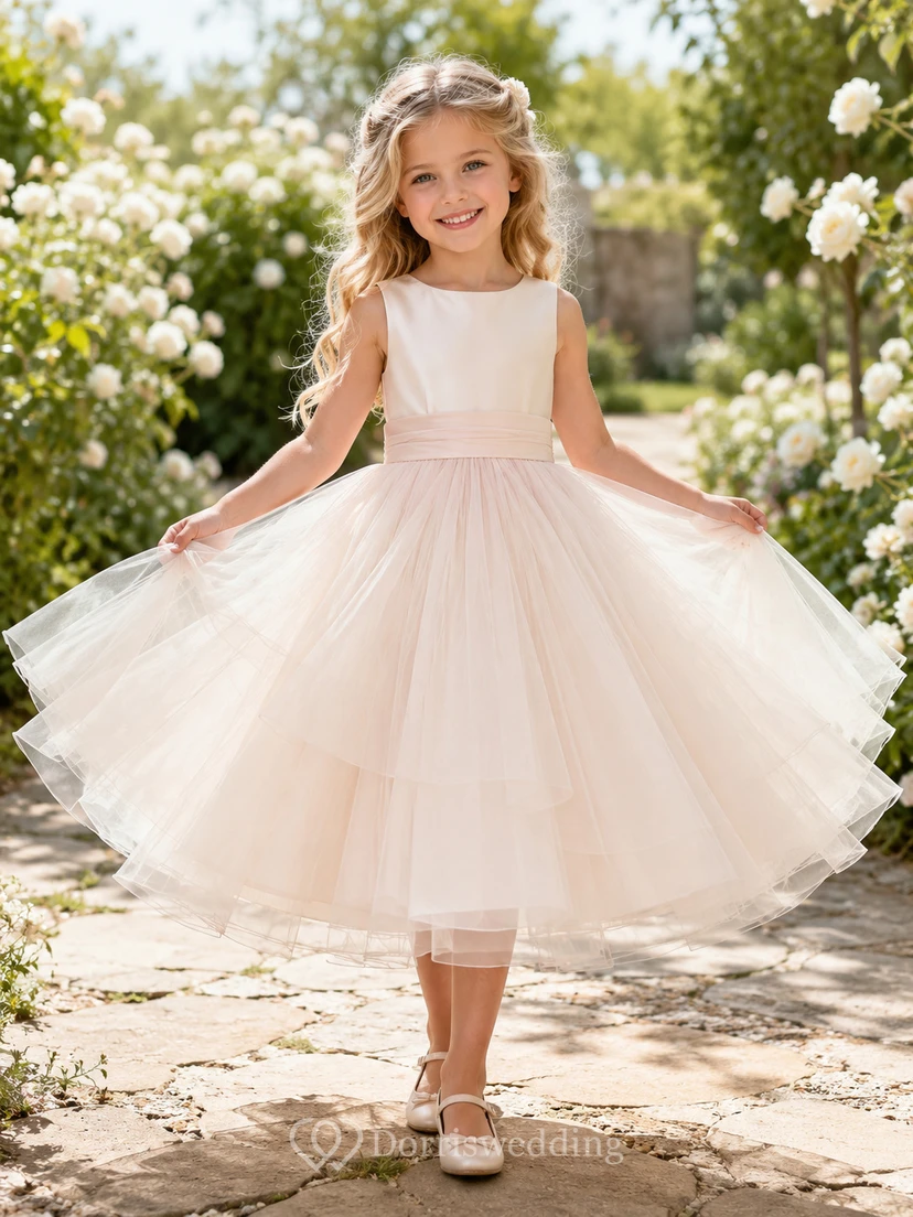 Flower Girl Dress A-Line Pearl Pink Twirl Friendly Tiered Tulle Sleeveless