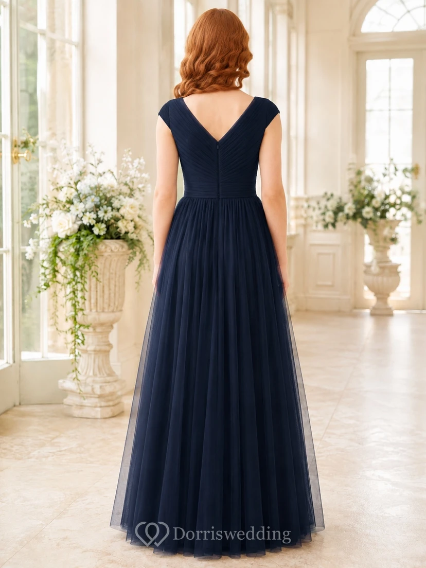 Dark Navy Junior Bridesmaid Dress A-Line V-neck Short Sleeve T-shirt Romantic view 2