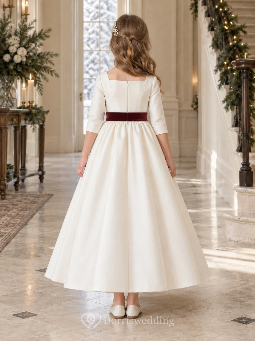 Elfenbeinfarbenes Satin-Kleid mit eckigem Ausschnitt, halben Ärmeln und burgunderfarbener Schärpe für Blumenmädchen view 2