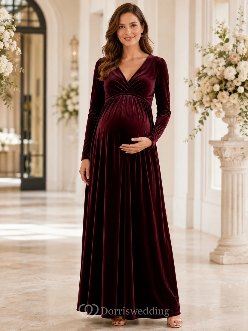 Vestido de maternidad de terciopelo burdeos con cuello en V y manga larga estilo imperio para invitadas