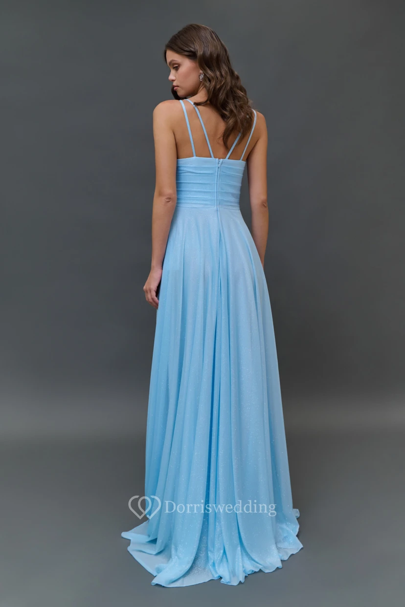 Chiffon Blue Spaghetti Cowl-neck Floor-length Dress view 4