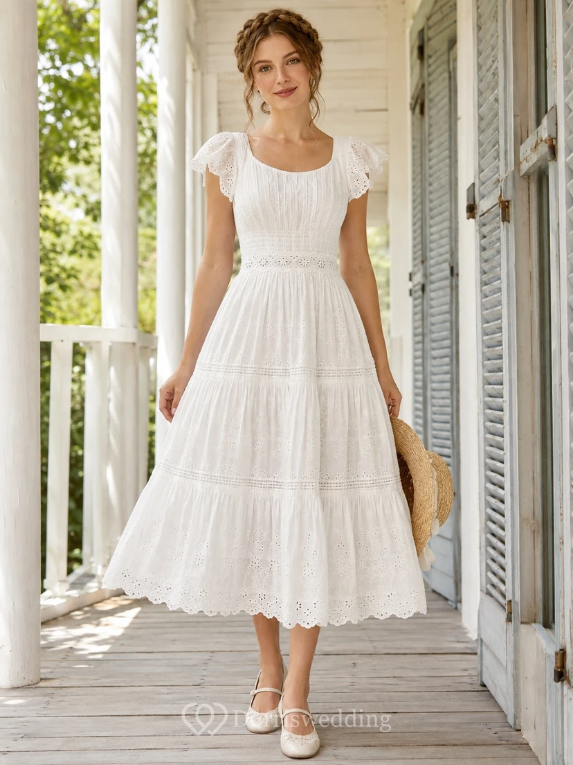 White Short Sleeve Pleated Tiered Chiffon Tea-Length Dress