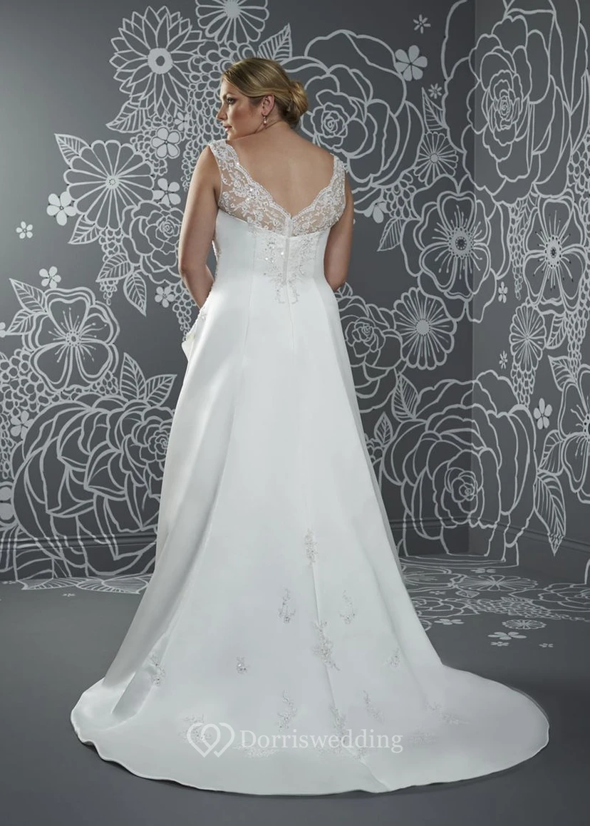 A-Line Floor-Length V-Neck Sleeveless Satin Sweep Train Low-V Back Side Draping Dress view 2