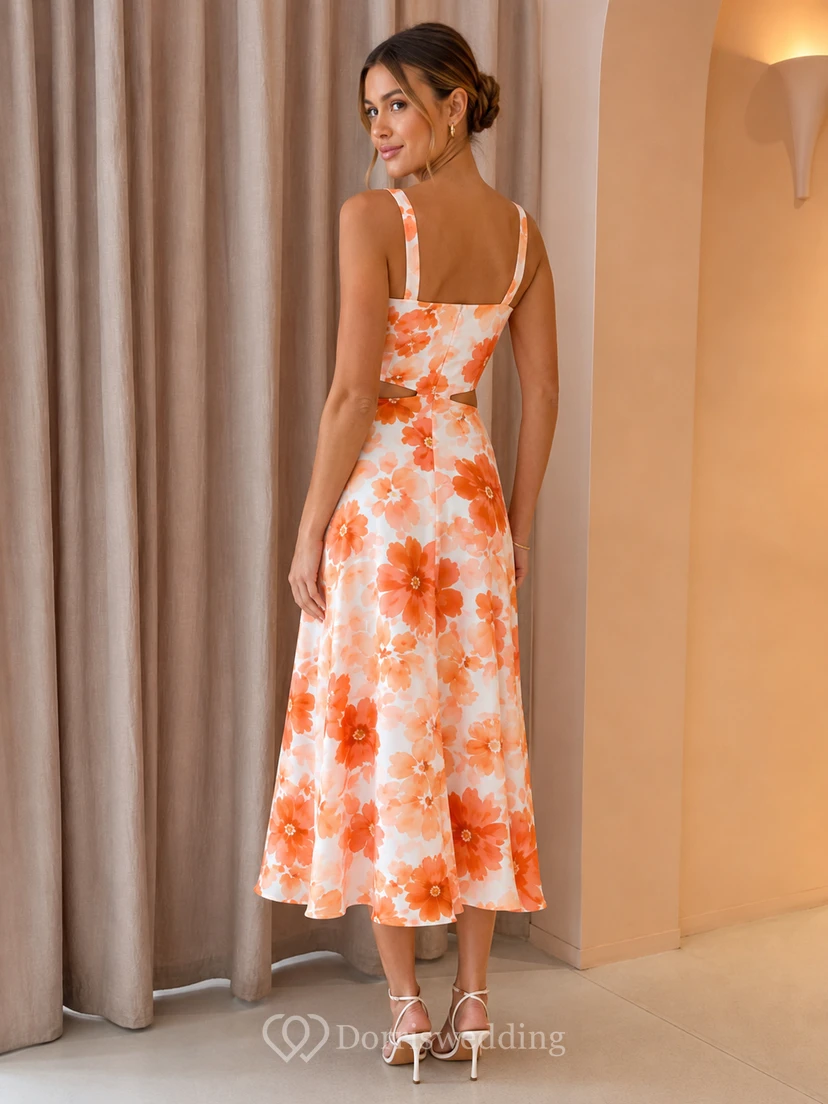 Vestido de corte A de largo midi con tirantes finos y estampado floral naranja view 2