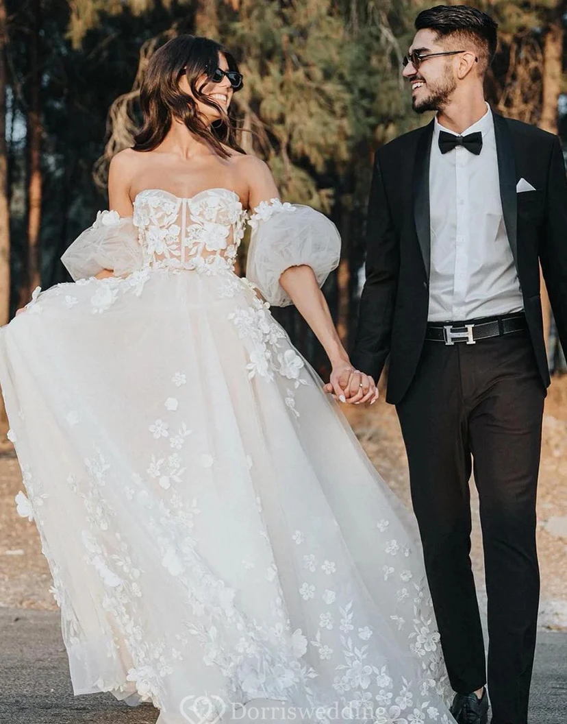 Ethereal Off-Shoulder Tulle Ball Gown with Puff Sleeves