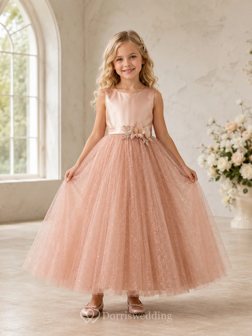 Classic Lace Tulle A-Line Flower Girl Dress with Short Sleeves, Jewel Neck, Tea-Length Skirt and Bow Detail