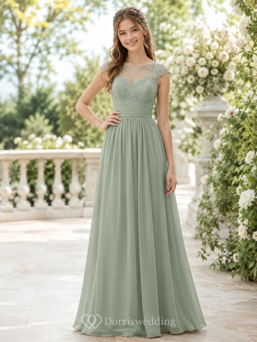 Celadonfarbenes Brautjungfernkleid für junge Mädchen, A-Linie, mit kurzen, transparenten Ärmeln und Spitze aus Tüll – bezaubernd und romantisch
