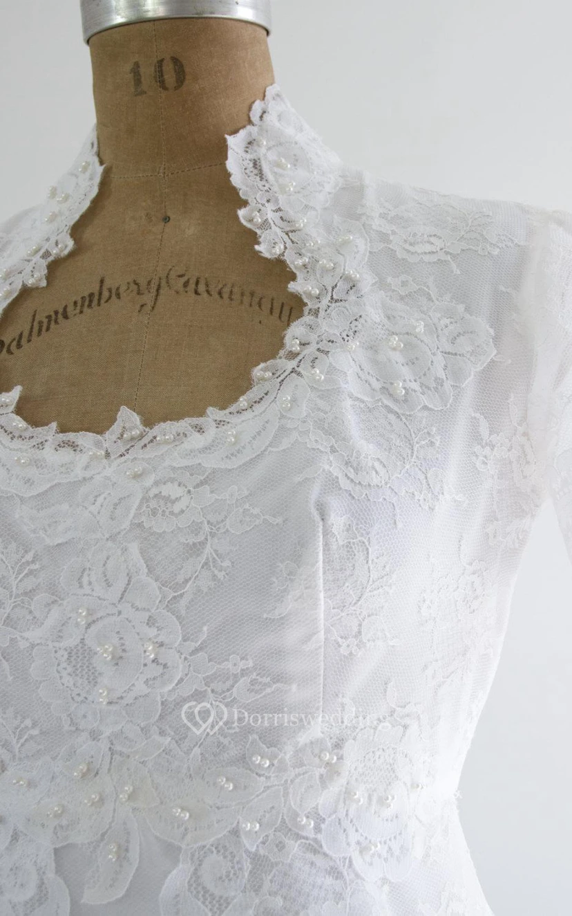 Queen Anne Neckline Short Sleeve A-Line Lace Dress With Beadings view 4