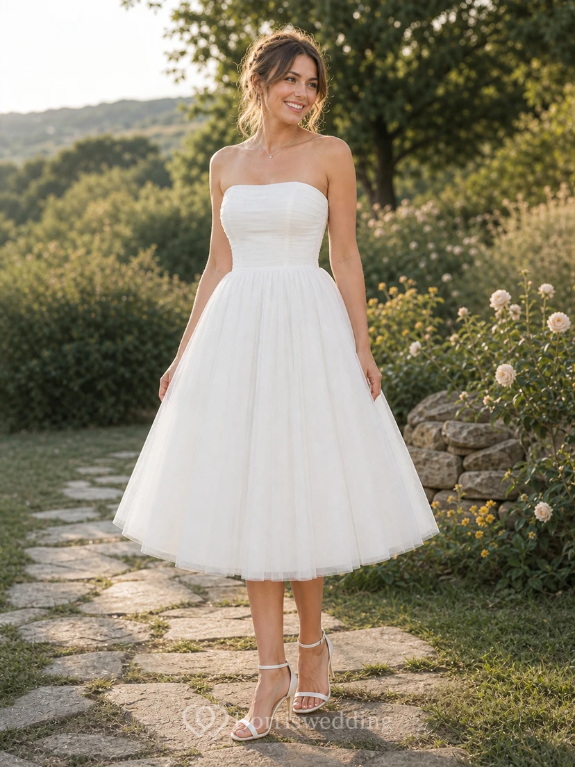 Tea-length Strapless A-line Simple Beach Ruched Casual Wedding Dress view 10