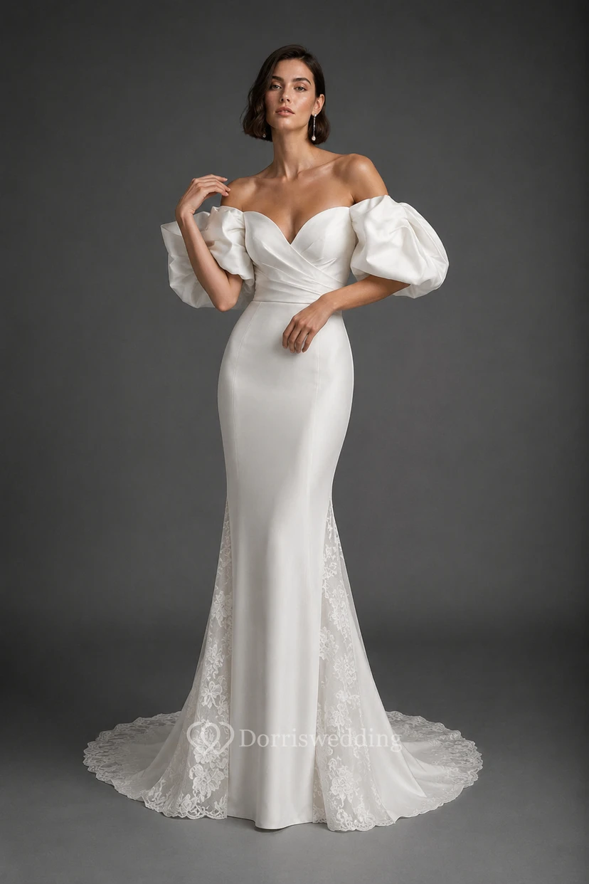 Robe de mariée sirène en satin avec épaules dénudées, manches bouffantes et traîne en dentelle
