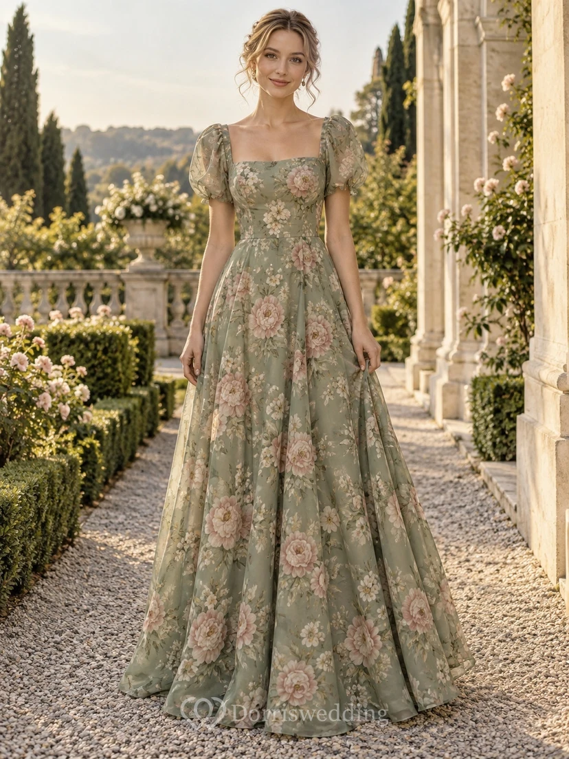 Vintage Sage Square Neck Puff Sleeve Floral Long Prom Dress
