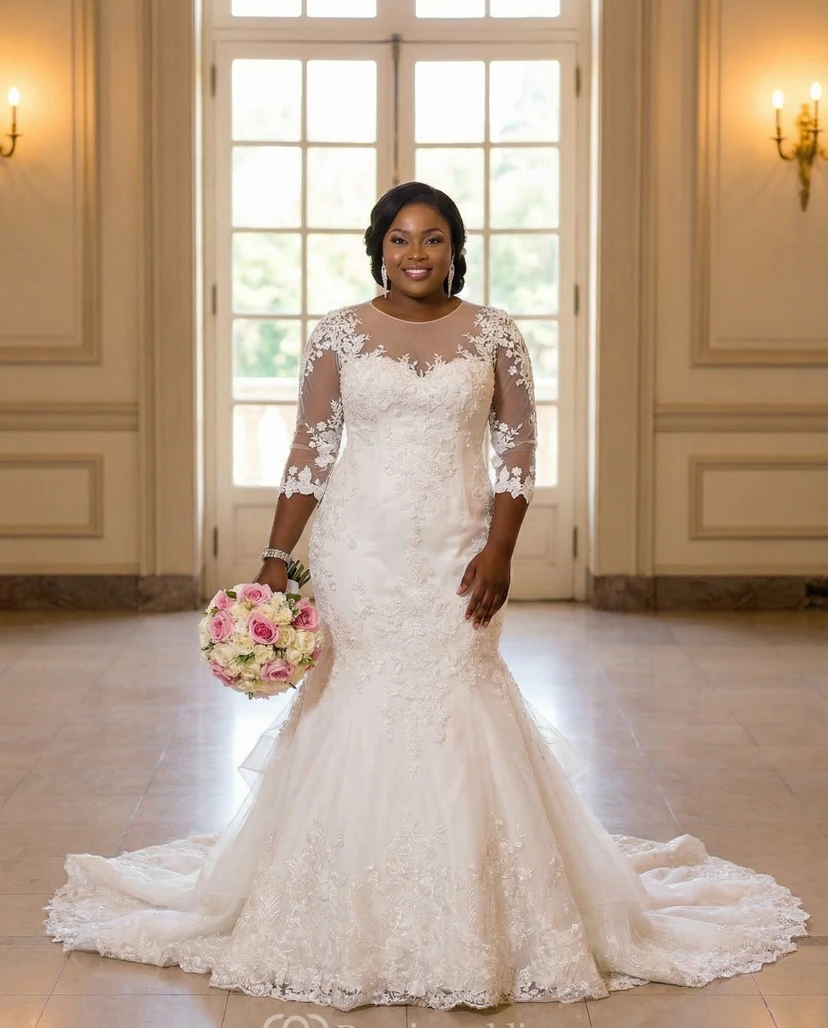 Sheer 3/4 Sleeve Plus Size Mermaid Bridal Gown