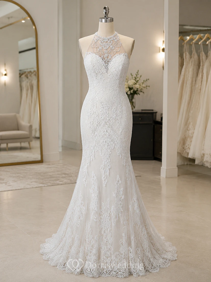 Vestido de novia de sirena sin mangas con cuello alto, escote ilusión y apliques. view 7