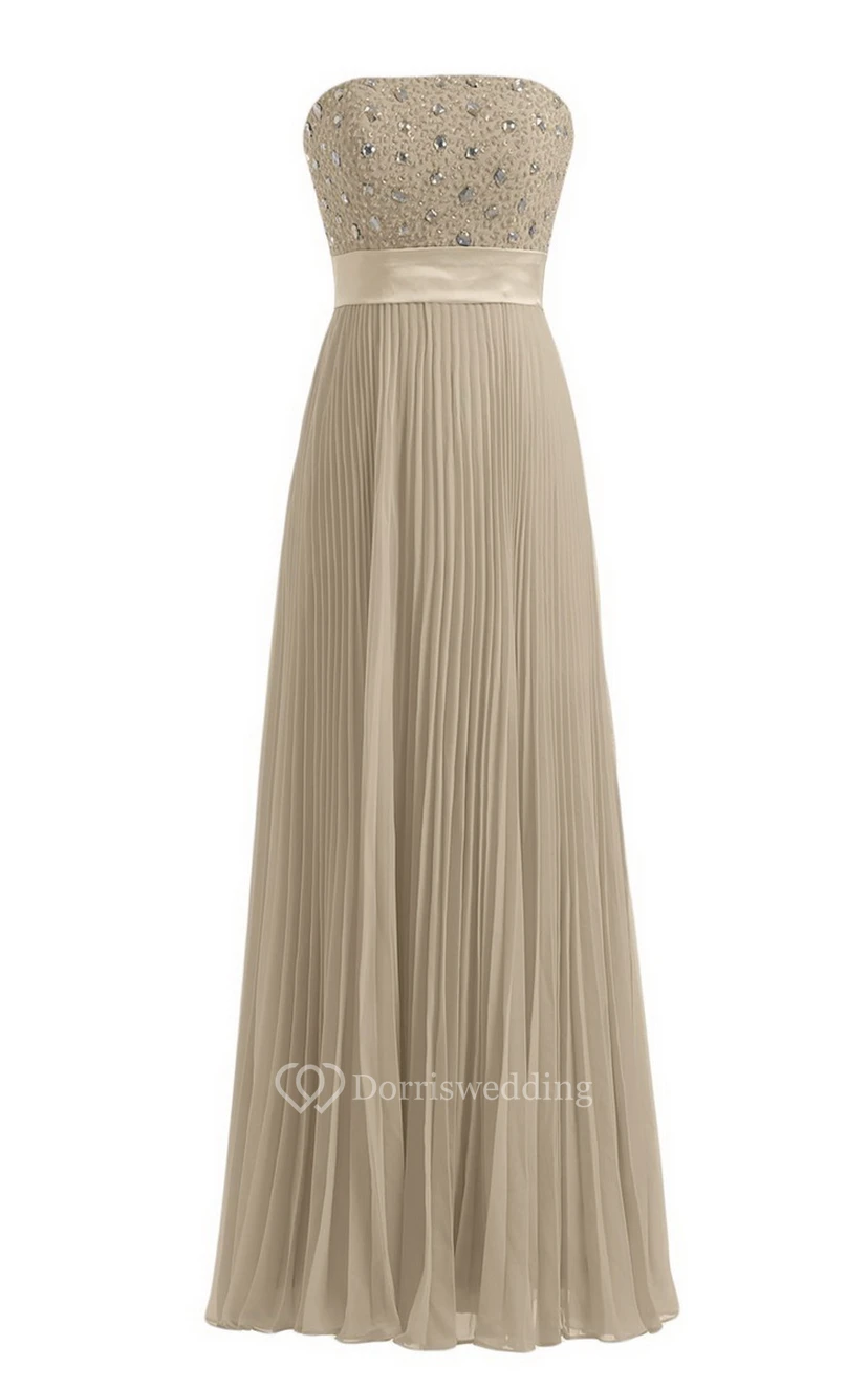Strapless Empire Long Pleated Dress With Rhinestones