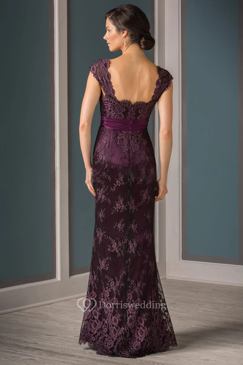 Cap-Sleeved Mother Of The Bride Dress With Appliques And Square Back view 9