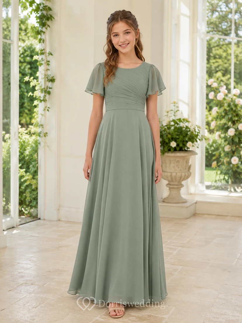 Vestido de dama de honor juvenil color celadón, corte en A, estilo joya, manga corta, pétalos plisados, romántico.