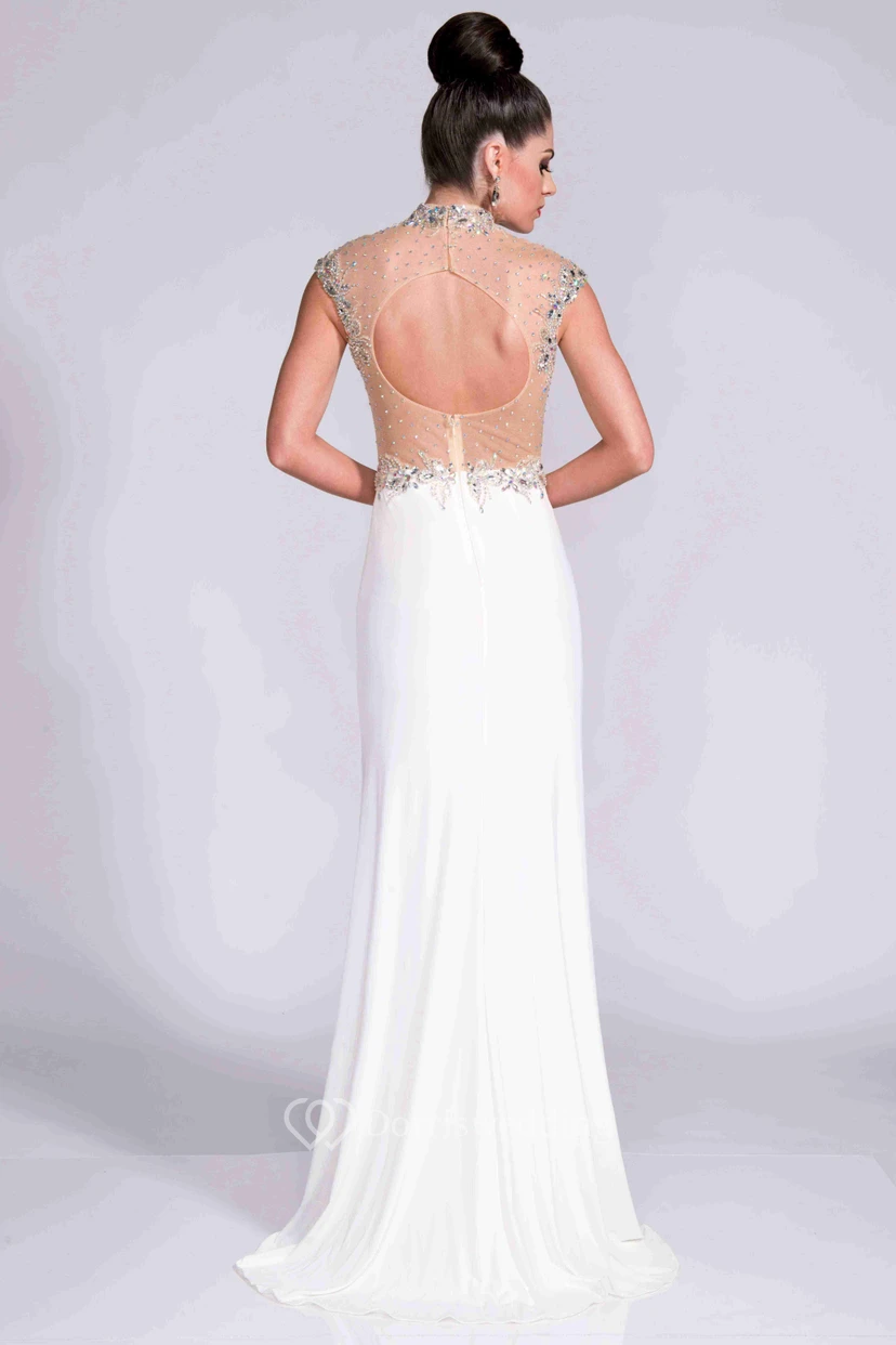 Jersey-Abendkleid mit hohem Kragen, kurzen Ärmeln, Schlüssellochausschnitt am Rücken und glänzendem Oberteil view 3