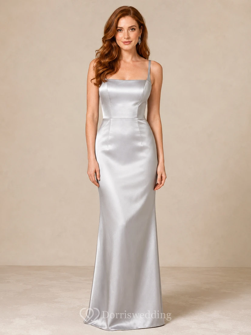 Silver Strapless Satin Sheath Floor Length Formal Dress