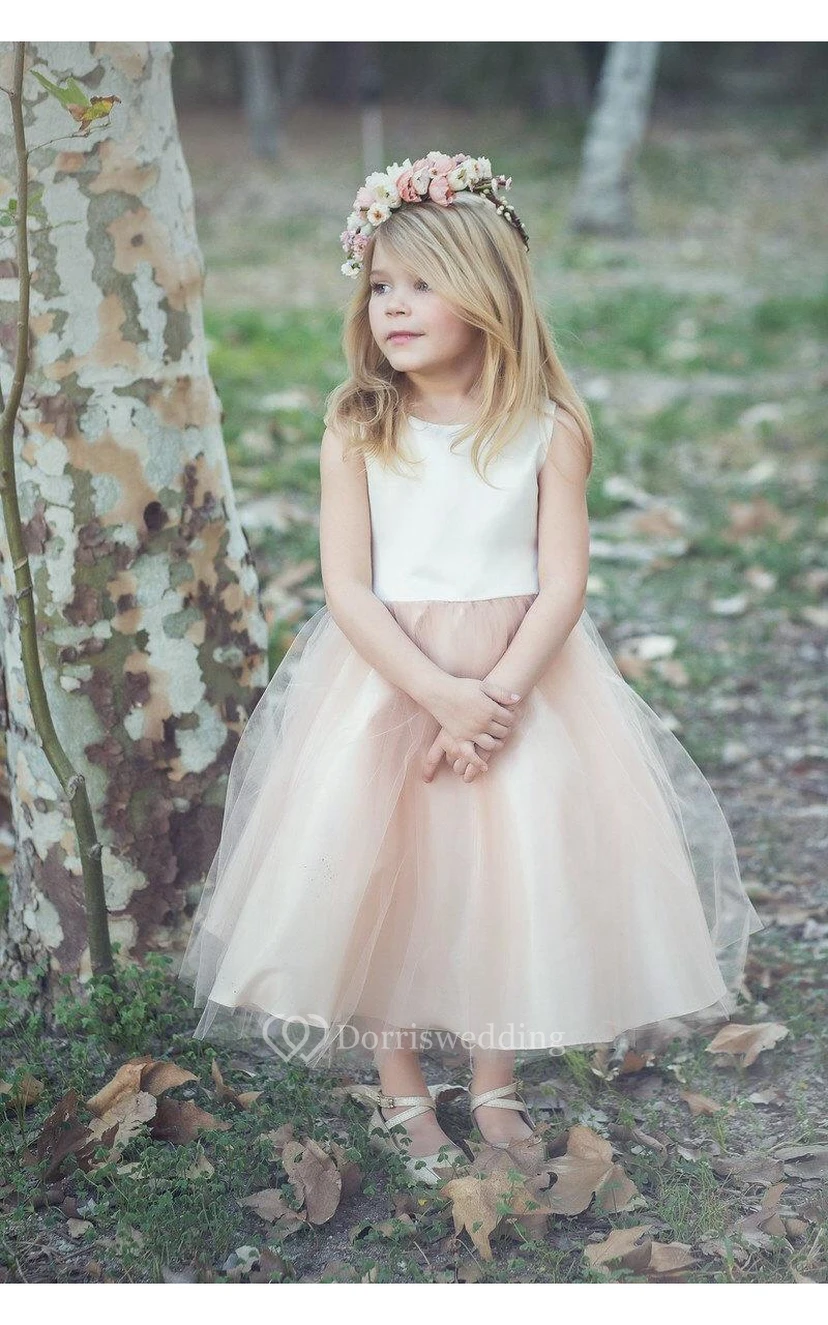 Scoop Neckline Sleeveless A-line Tulle Ankle Length Dress With Flower view 2