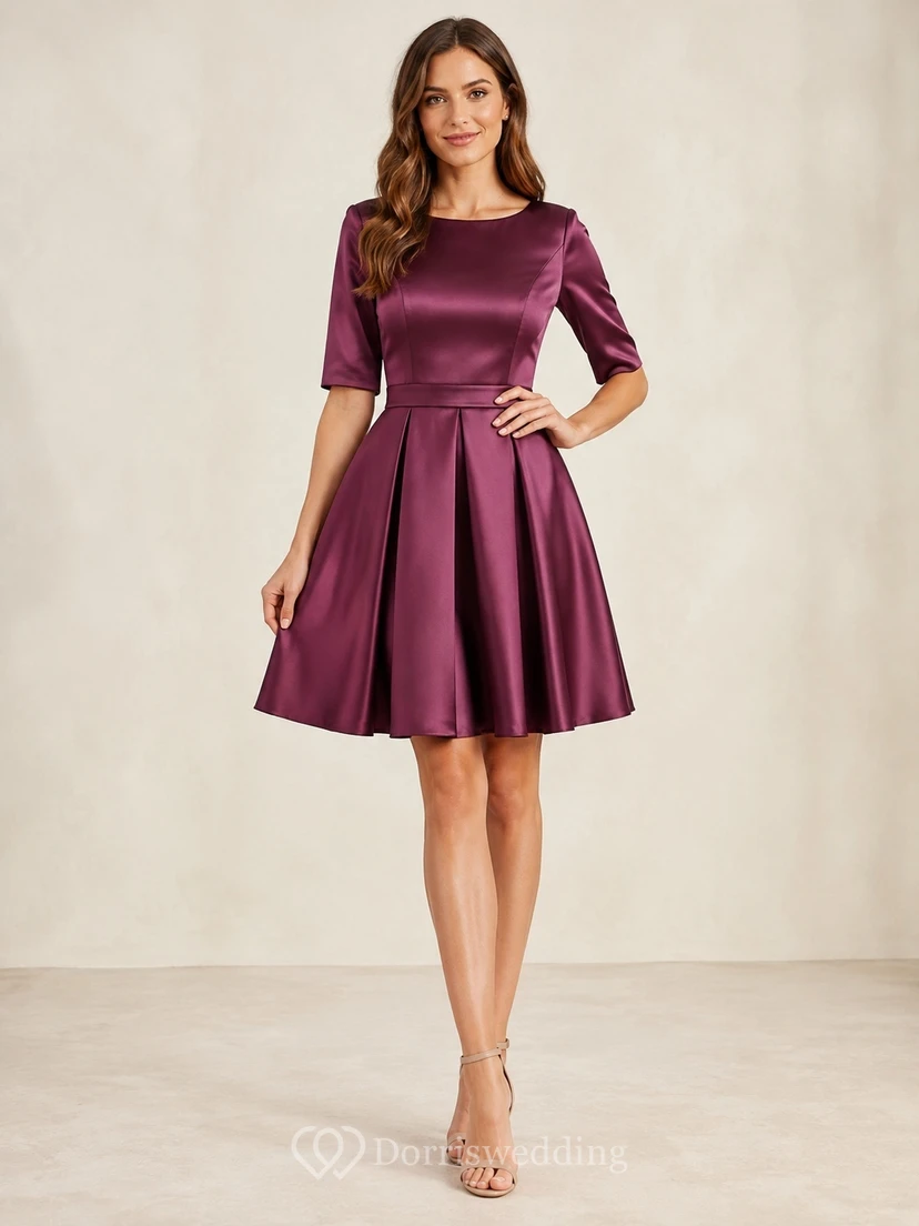 Robe de bal courte plissée en satin prune, col bateau, manches mi-longues et coupe trapèze