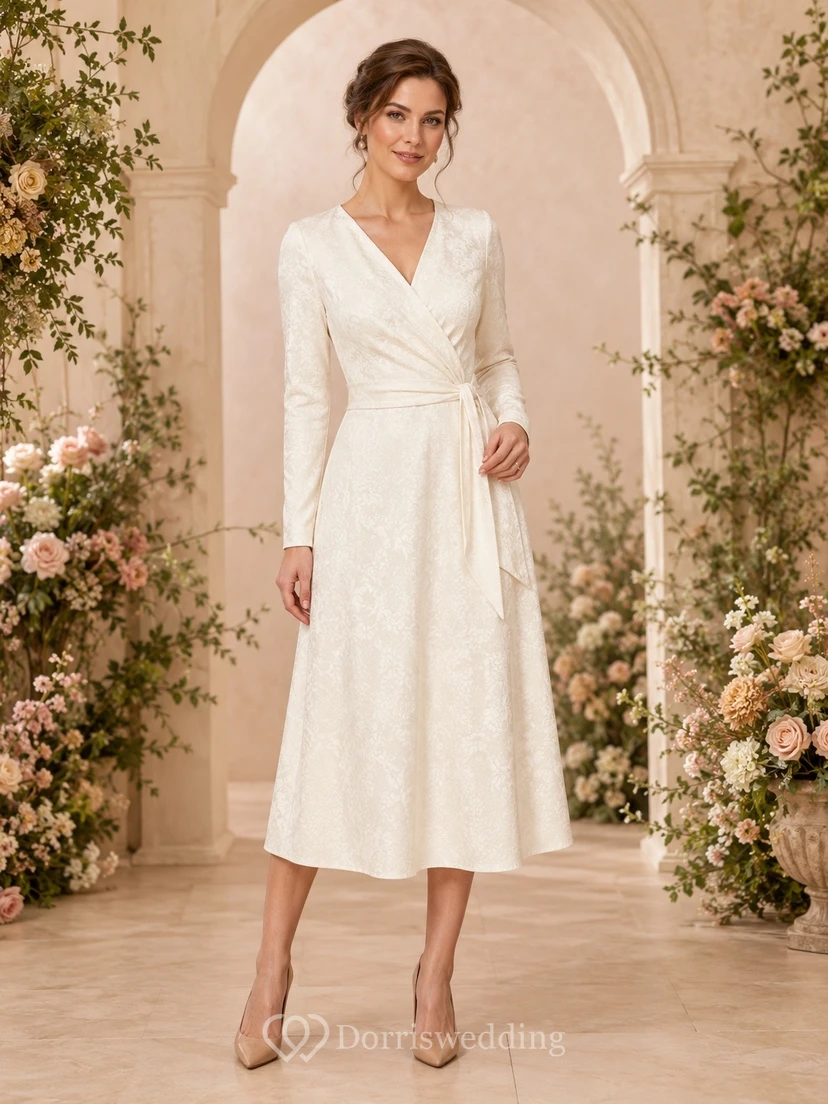 Ivory V-Neck Long Sleeve Wrap Chiffon Tea-Length Dress